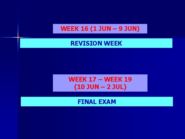 WEEK 16 (1 JUN – 9 JUN) REVISION WEEK 17 – WEEK 19 (10