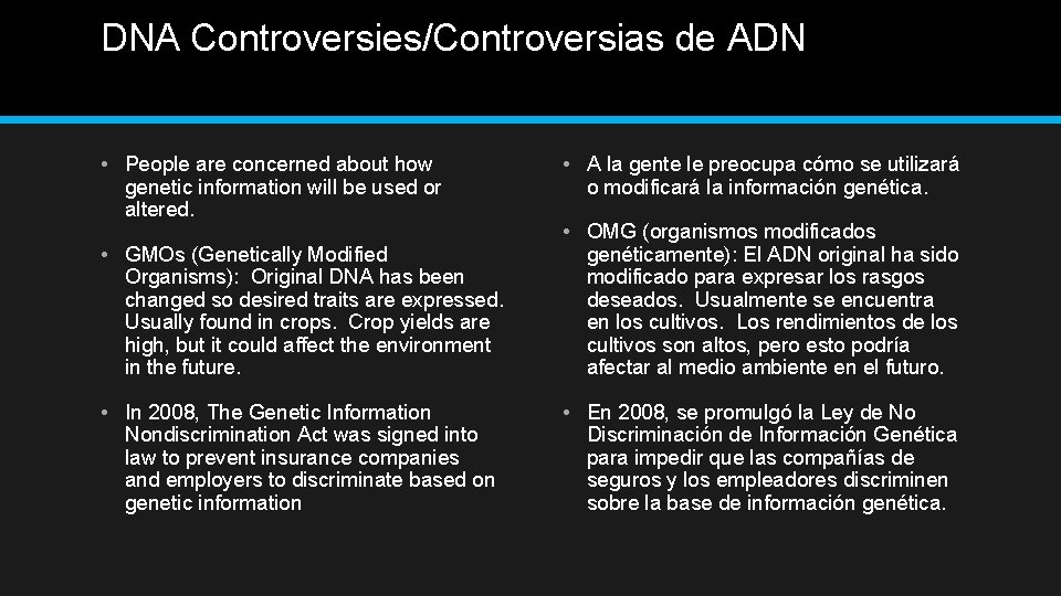 DNA Controversies/Controversias de ADN • People are concerned about how genetic information will be