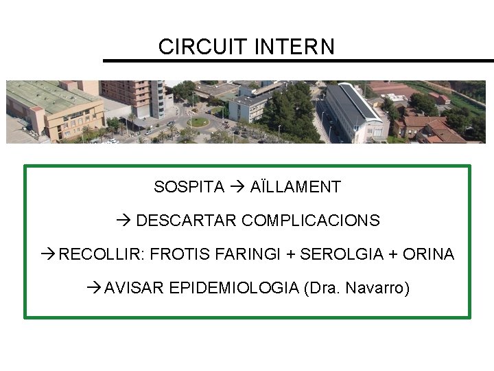 CIRCUIT INTERN SOSPITA AÏLLAMENT DESCARTAR COMPLICACIONS RECOLLIR: FROTIS FARINGI + SEROLGIA + ORINA AVISAR