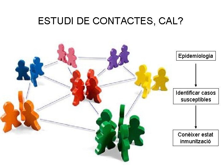 ESTUDI DE CONTACTES, CAL? Epidemiologia Identificar casos susceptibles Conèixer estat inmunització 