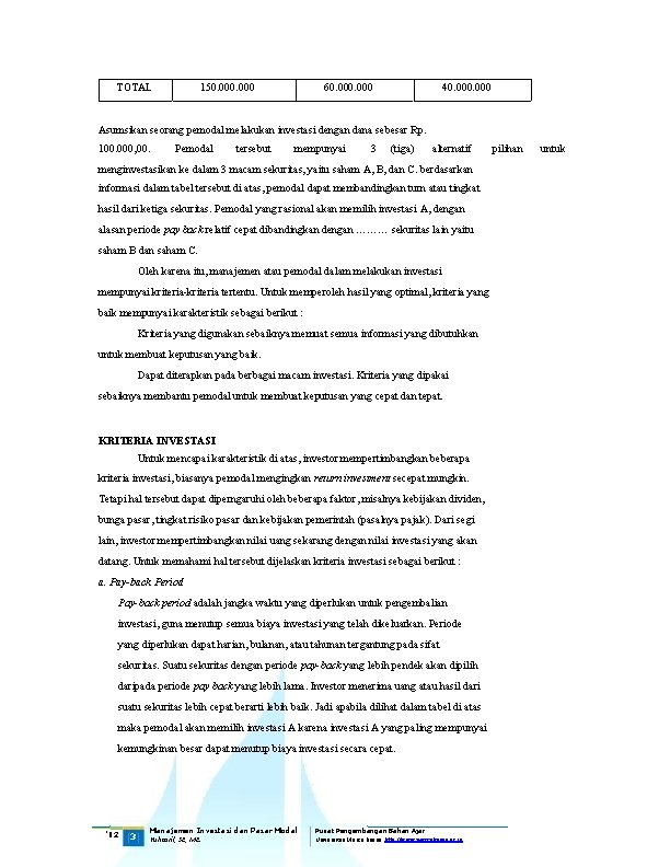 TOTAL 150. 000 60. 000 40. 000 Asumsikan seorang pemodal melakukan investasi dengan dana