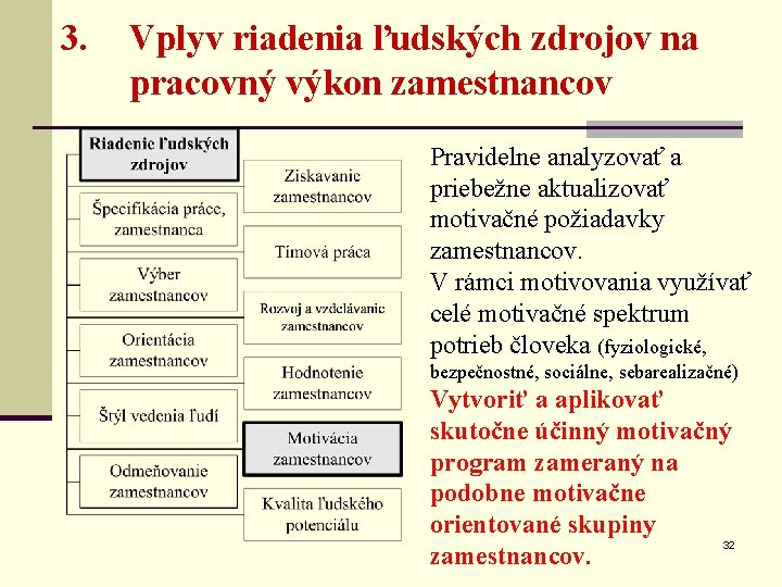 3. Vplyv riadenia ľudských zdrojov na pracovný výkon zamestnancov Pravidelne analyzovať a priebežne aktualizovať