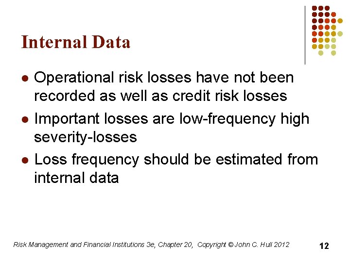 Internal Data l l l Operational risk losses have not been recorded as well