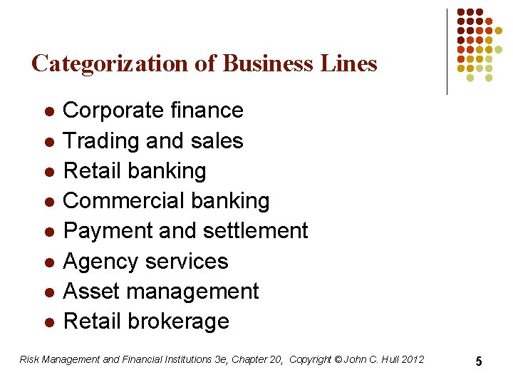 Categorization of Business Lines l l l l Corporate finance Trading and sales Retail