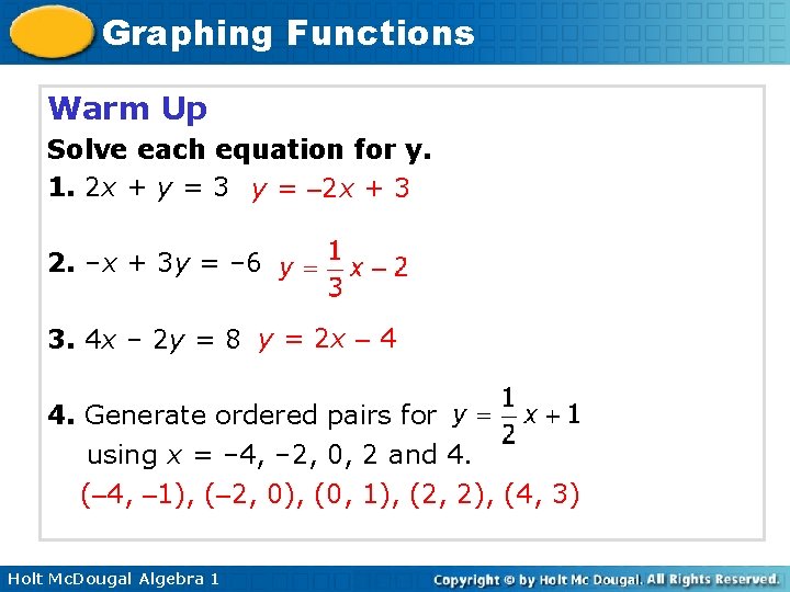 Graphing Functions Warm Up Solve each equation for y. 1. 2 x + y