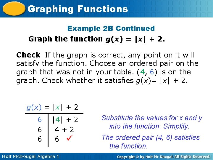 Graphing Functions Example 2 B Continued Graph the function g(x) = |x| + 2.