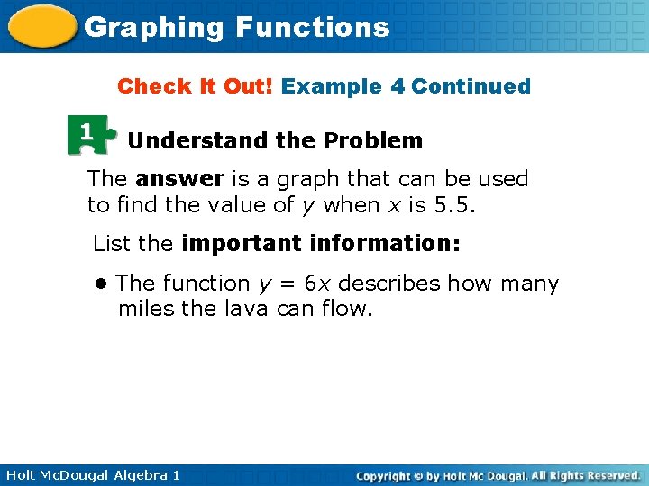 Graphing Functions Check It Out! Example 4 Continued 1 Understand the Problem The answer