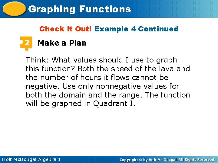 Graphing Functions Check It Out! Example 4 Continued 2 Make a Plan Think: What