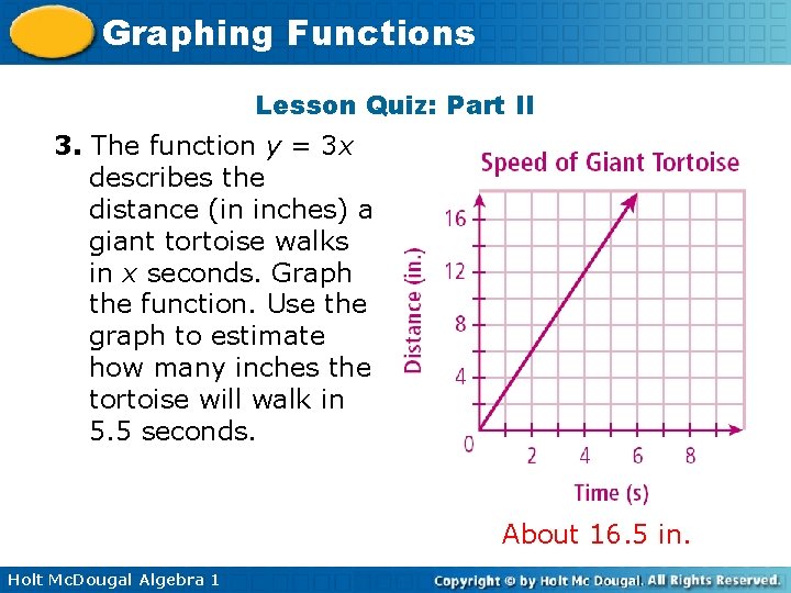 Graphing Functions Lesson Quiz: Part II 3. The function y = 3 x describes