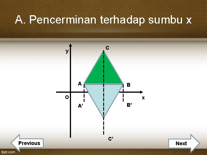 A. Pencerminan terhadap sumbu x C y A B O x B’ A’ Previous