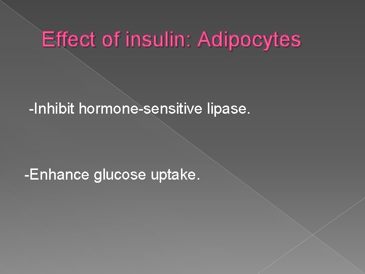 Effect of insulin: Adipocytes -Inhibit hormone-sensitive lipase. -Enhance glucose uptake. 
