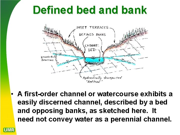 Defined bed and bank • A first-order channel or watercourse exhibits a easily discerned