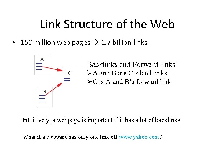 Link Structure of the Web • 150 million web pages 1. 7 billion links