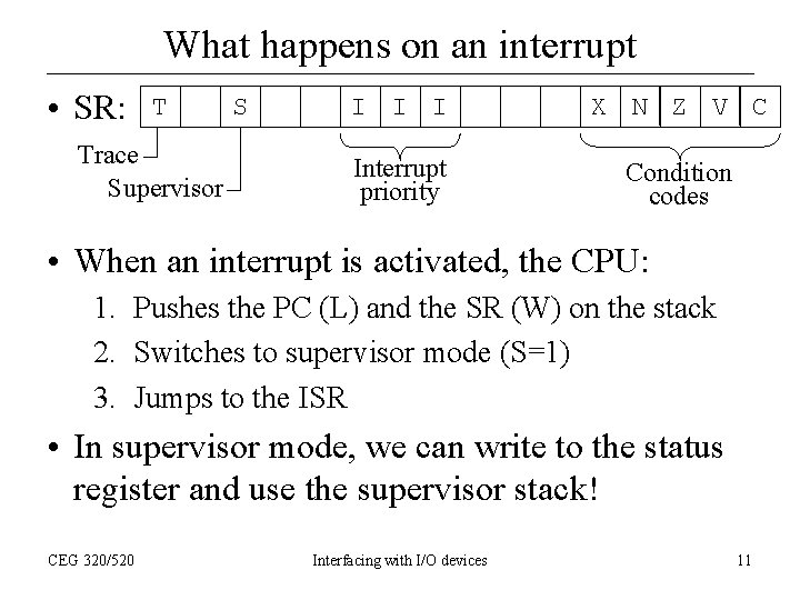 What happens on an interrupt • SR: T Trace Supervisor S I I I