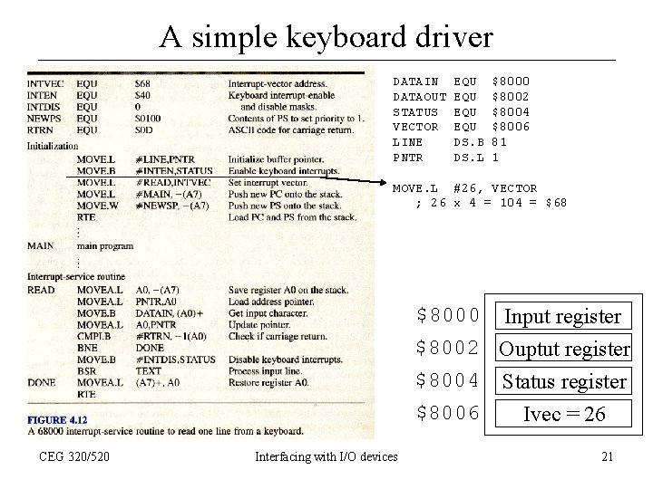 A simple keyboard driver DATAIN DATAOUT STATUS VECTOR LINE PNTR EQU EQU DS. B