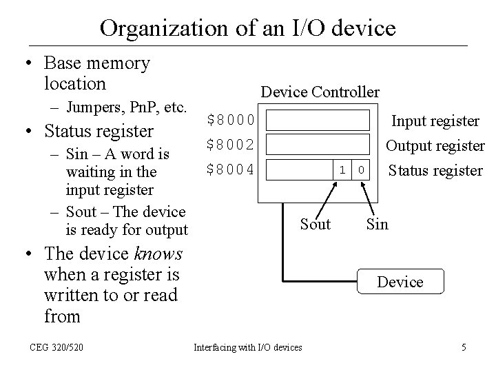 Organization of an I/O device • Base memory location – Jumpers, Pn. P, etc.