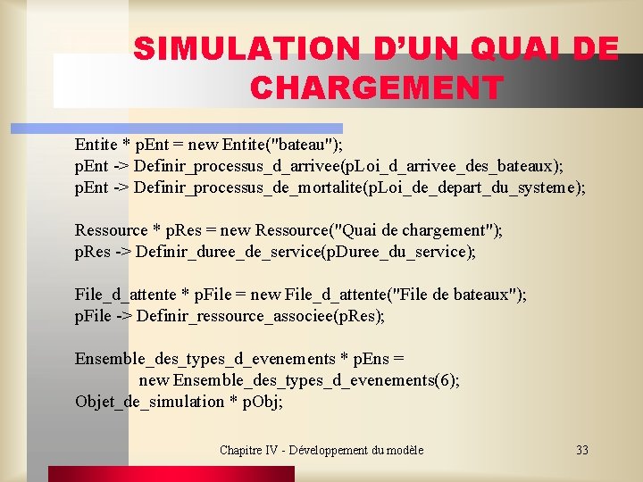 SIMULATION D’UN QUAI DE CHARGEMENT Entite * p. Ent = new Entite("bateau"); p. Ent