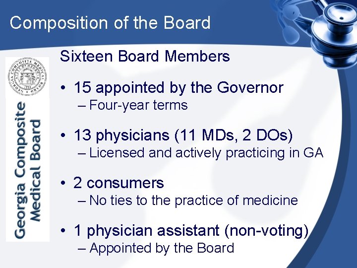 Composition of the Board Sixteen Board Members • 15 appointed by the Governor –