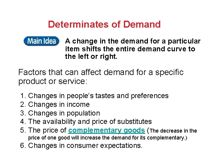 Determinates of Demand A change in the demand for a particular item shifts the