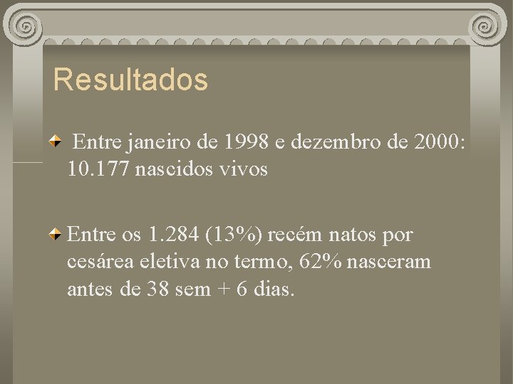 Resultados Entre janeiro de 1998 e dezembro de 2000: 10. 177 nascidos vivos Entre