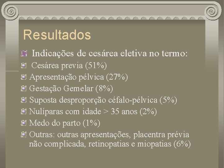 Resultados Indicações de cesárea eletiva no termo: Cesárea previa (51%) Apresentação pélvica (27%) Gestação