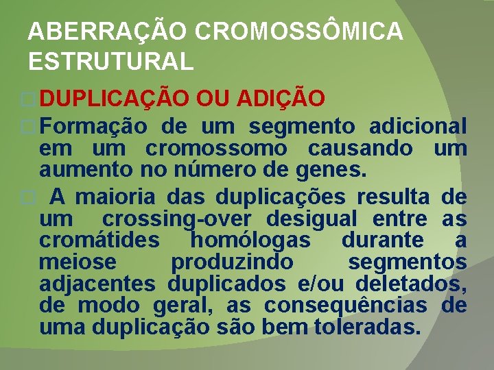 ABERRAÇÃO CROMOSSÔMICA ESTRUTURAL � DUPLICAÇÃO � Formação de OU ADIÇÃO um segmento adicional em