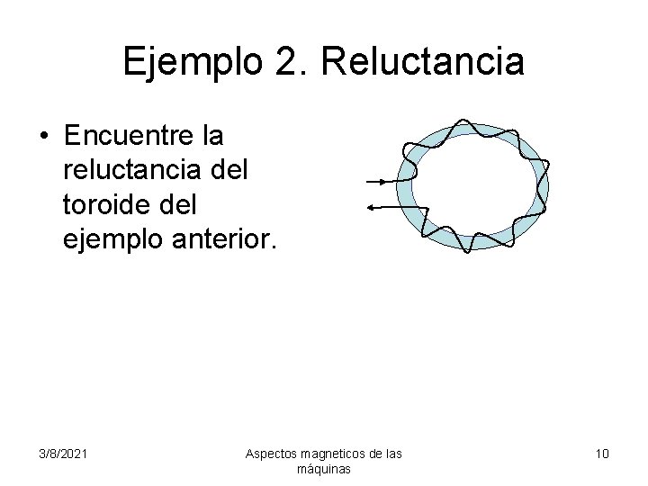 Ejemplo 2. Reluctancia • Encuentre la reluctancia del toroide del ejemplo anterior. 3/8/2021 Aspectos