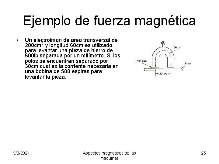 Ejemplo de fuerza magnética • Un electroiman de area transversal de 200 cm 2
