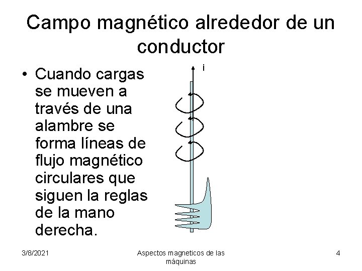 Campo magnético alrededor de un conductor • Cuando cargas se mueven a través de