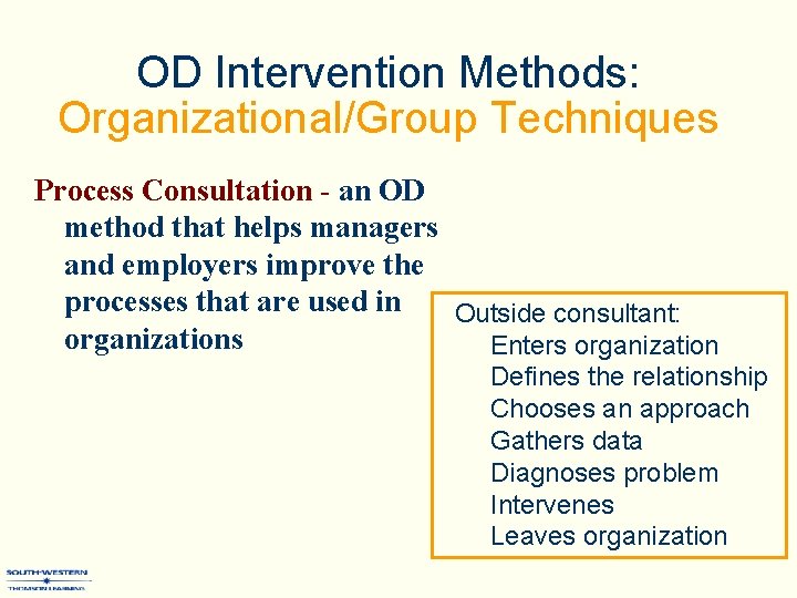 OD Intervention Methods: Organizational/Group Techniques Process Consultation - an OD method that helps managers