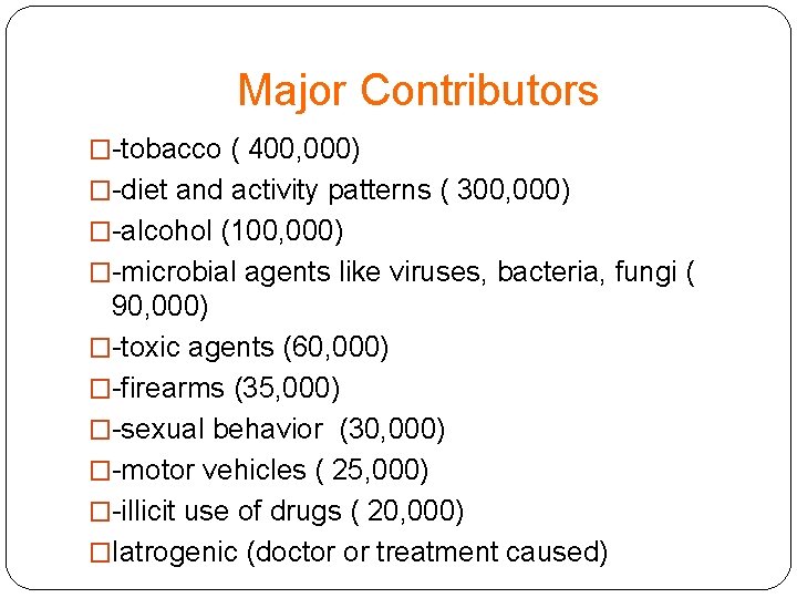 Major Contributors �-tobacco ( 400, 000) �-diet and activity patterns ( 300, 000) �-alcohol