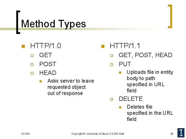 Method Types n HTTP/1. 0 ¡ ¡ ¡ n GET POST HEAD n HTTP/1.