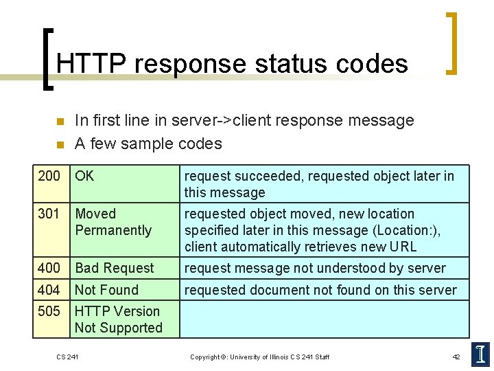 HTTP response status codes n n In first line in server->client response message A