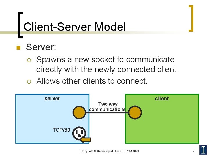 Client-Server Model n Server: ¡ ¡ Spawns a new socket to communicate directly with