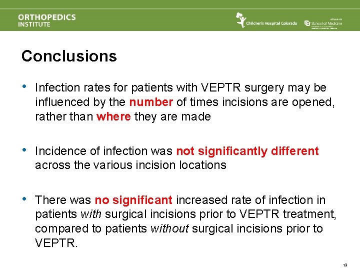 Conclusions • Infection rates for patients with VEPTR surgery may be influenced by the