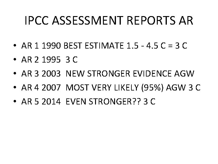 IPCC ASSESSMENT REPORTS AR • • • AR 1 1990 BEST ESTIMATE 1. 5