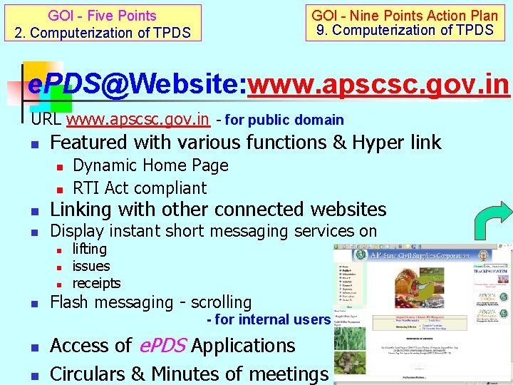 GOI - Five Points 2. Computerization of TPDS GOI - Nine Points Action Plan