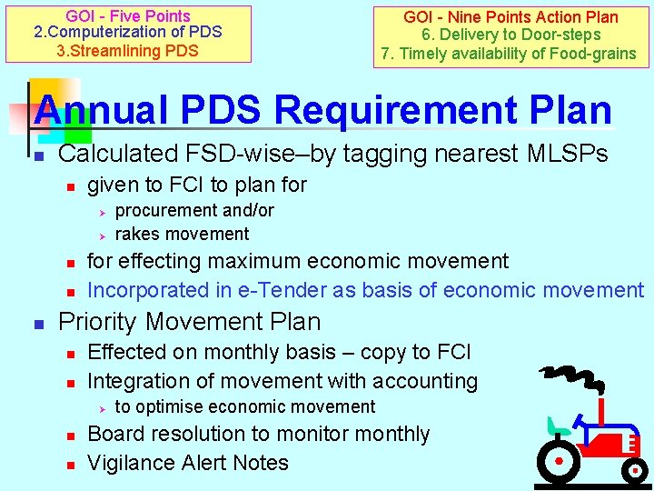GOI - Five Points 2. Computerization of PDS 3. Streamlining PDS GOI - Nine