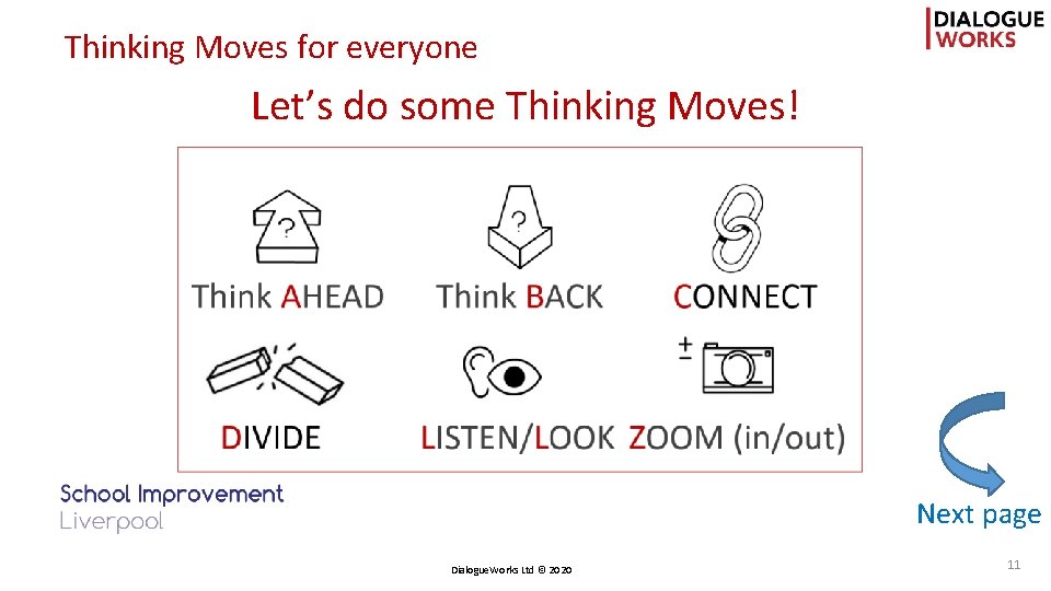 Thinking Moves for everyone Let’s do some Thinking Moves! Next page Dialogue. Works Ltd