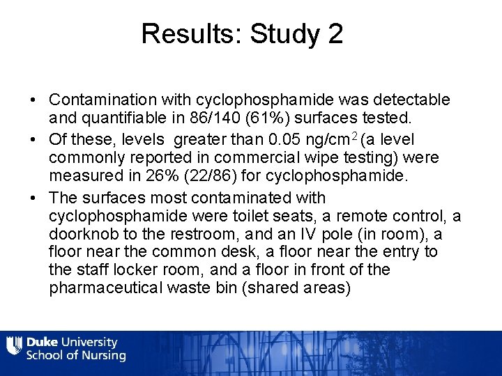 Results: Study 2 • Contamination with cyclophosphamide was detectable and quantifiable in 86/140 (61%)