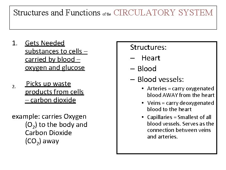 Structures and Functions of the CIRCULATORY SYSTEM 1. Gets Needed substances to cells –