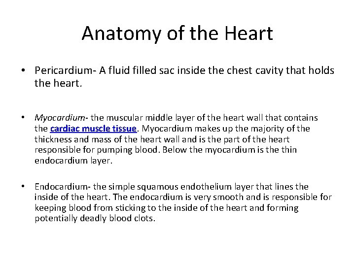 Anatomy of the Heart • Pericardium- A fluid filled sac inside the chest cavity