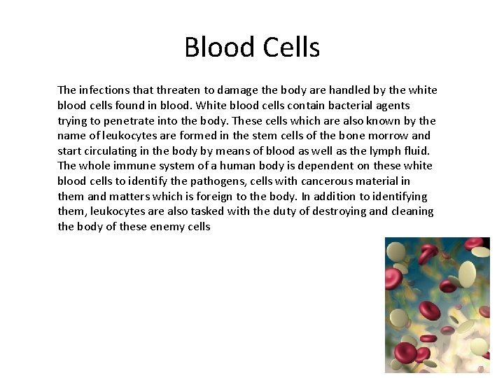 Blood Cells The infections that threaten to damage the body are handled by the