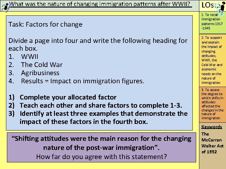 What was the nature of changing immigration patterns after WWII? Task: Factors for change What was the nature of changing immigration patterns after WWII? Task: Factors for change