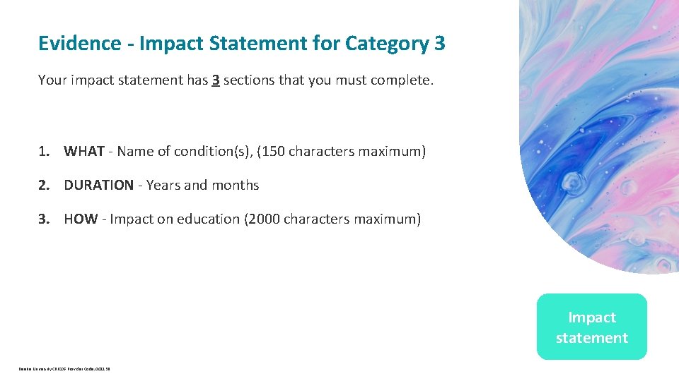  Evidence - Impact Statement for Category 3 Your impact statement has 3 sections