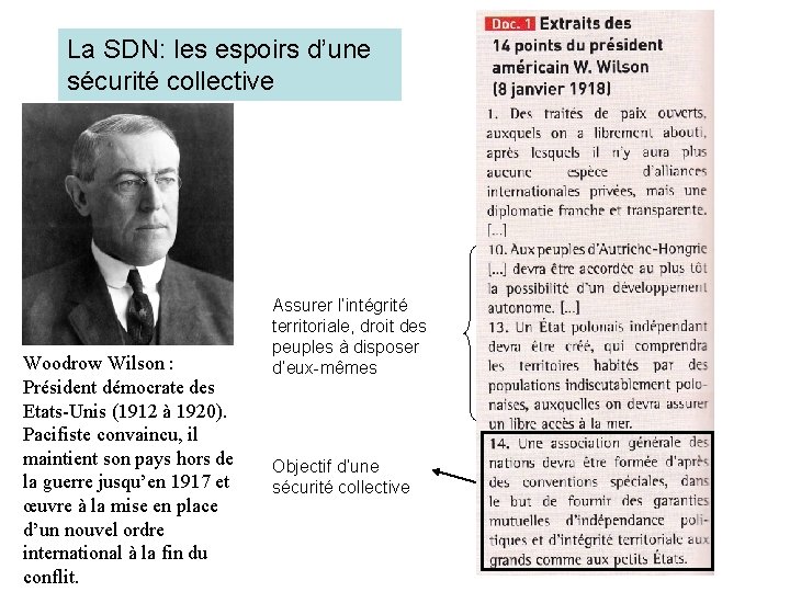 La SDN: les espoirs d’une sécurité collective Woodrow Wilson : Président démocrate des Etats-Unis