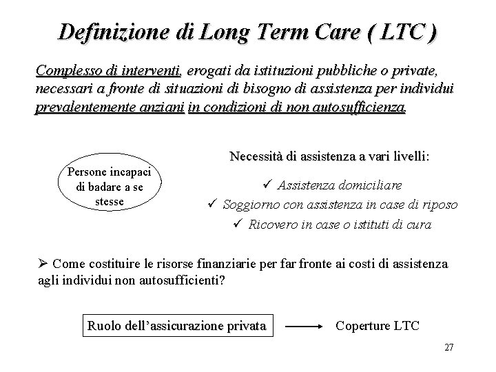 Definizione di Long Term Care ( LTC ) Complesso di interventi, erogati da istituzioni