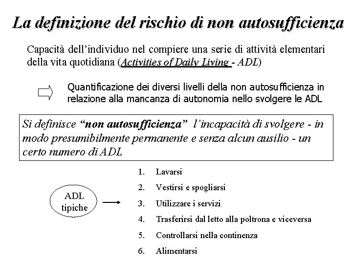 La definizione del rischio di non autosufficienza Capacità dell’individuo nel compiere una serie di