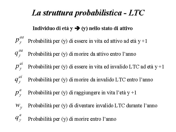 La struttura probabilistica - LTC Individuo di età y (y) nello stato di attivo