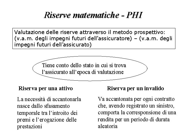Riserve matematiche - PHI Valutazione delle riserve attraverso il metodo prospettivo: (v. a. m.